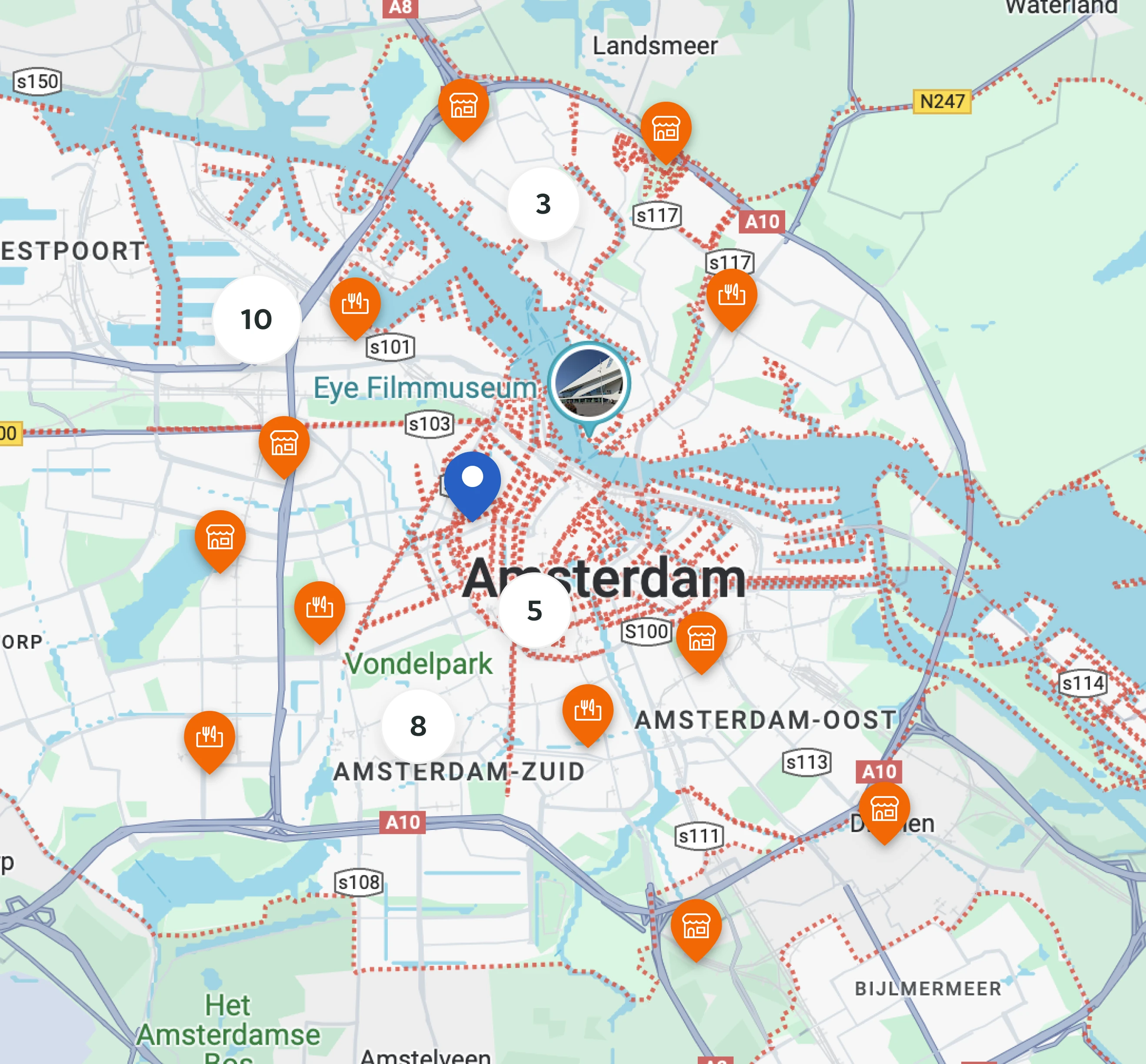 JET map view — cluster markers grouping restaurants in dense urban areas