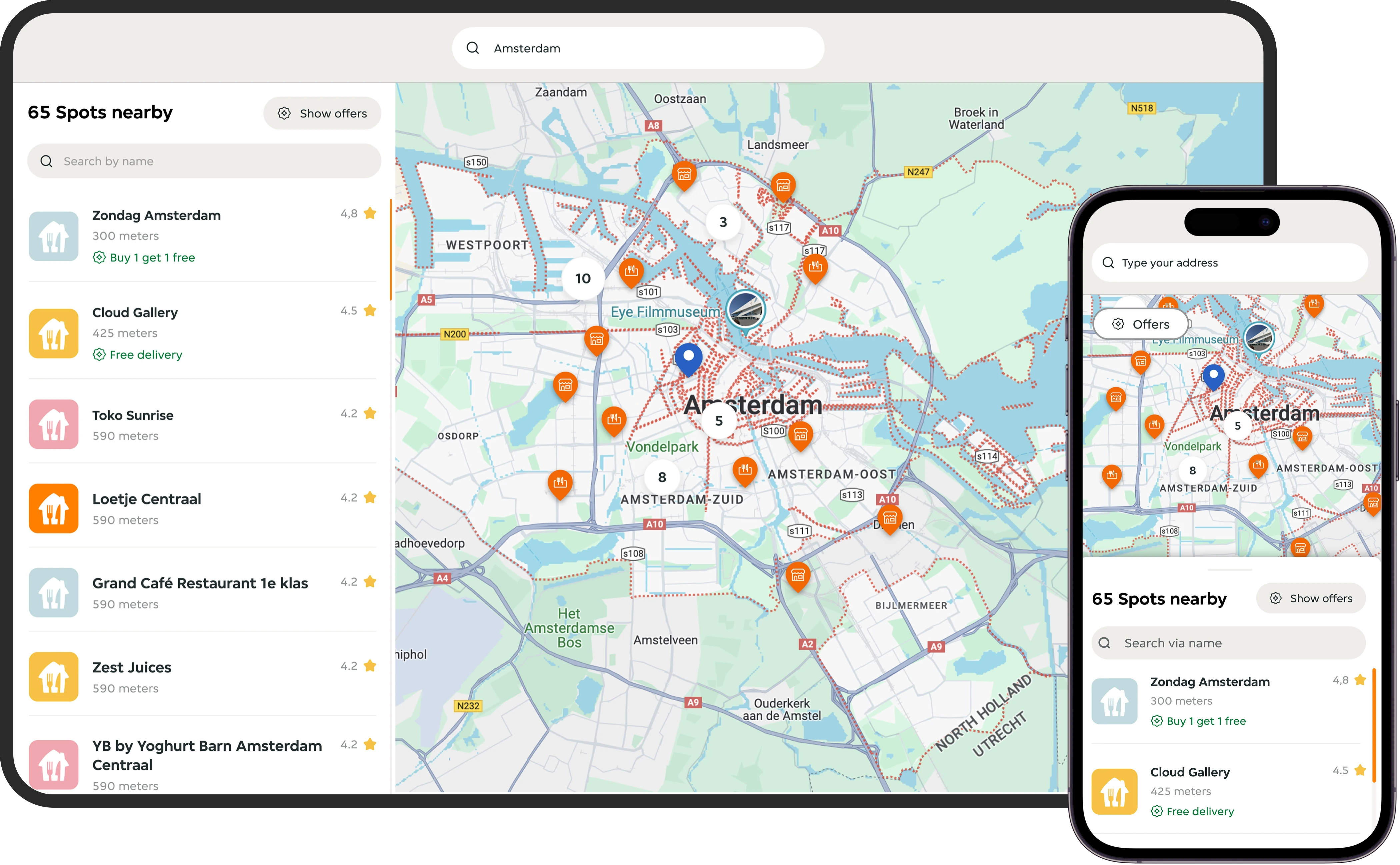 JET restaurant overview — synchronised map view and scrollable spot list panel