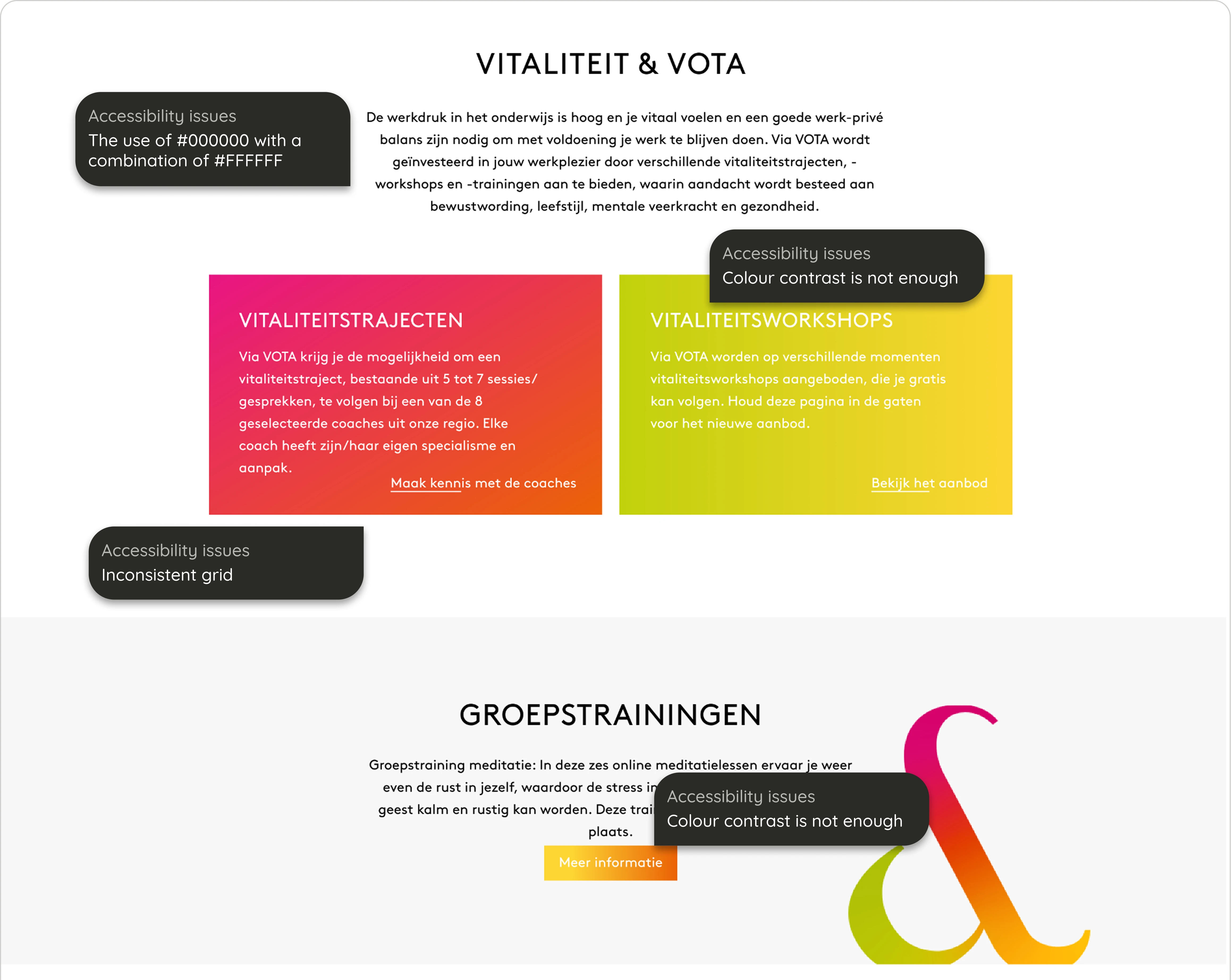 Vota original design showing colour contrast failures and lack of a grid system