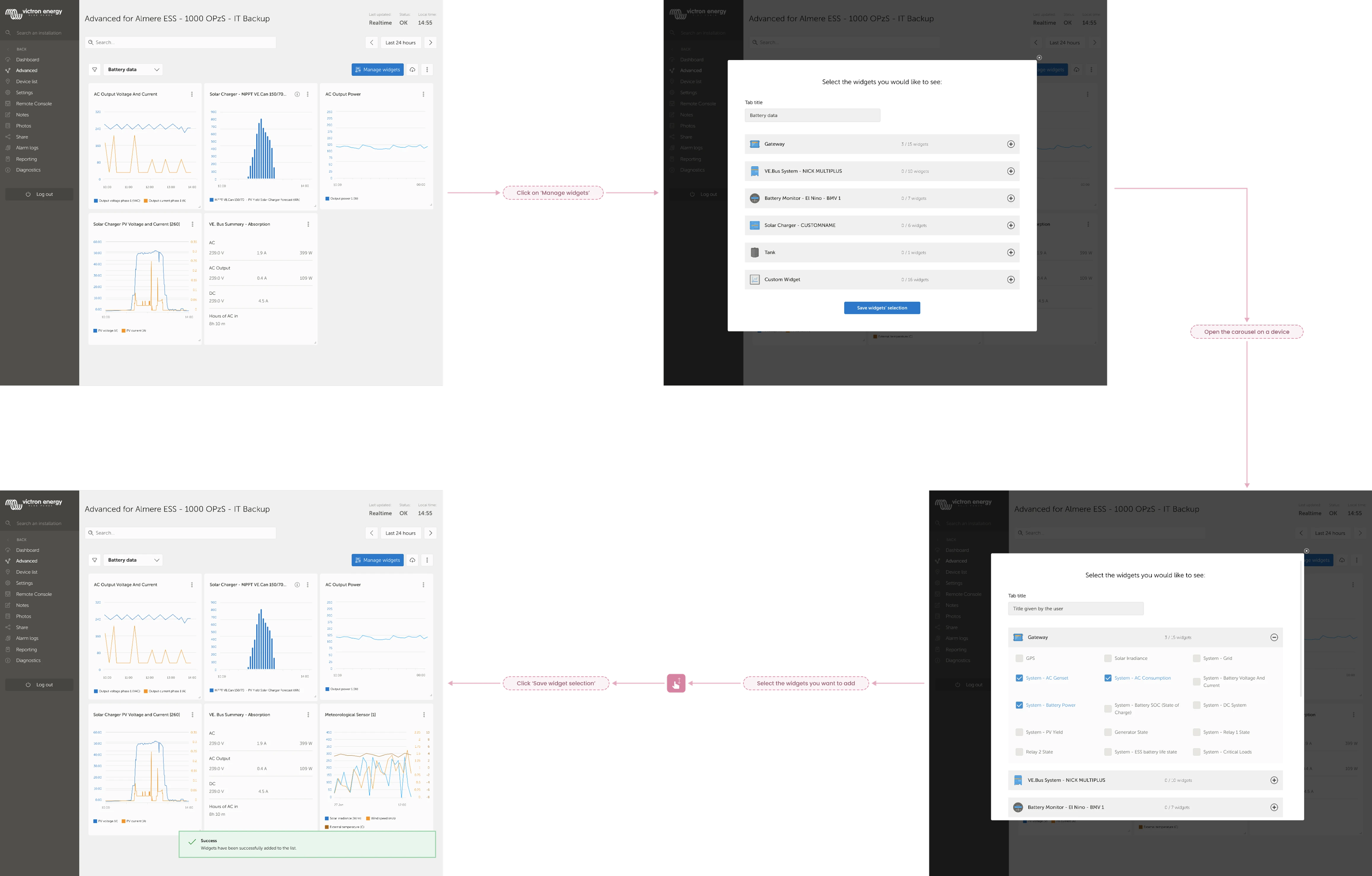 Option 1 — simple modal for selecting and deselecting widgets