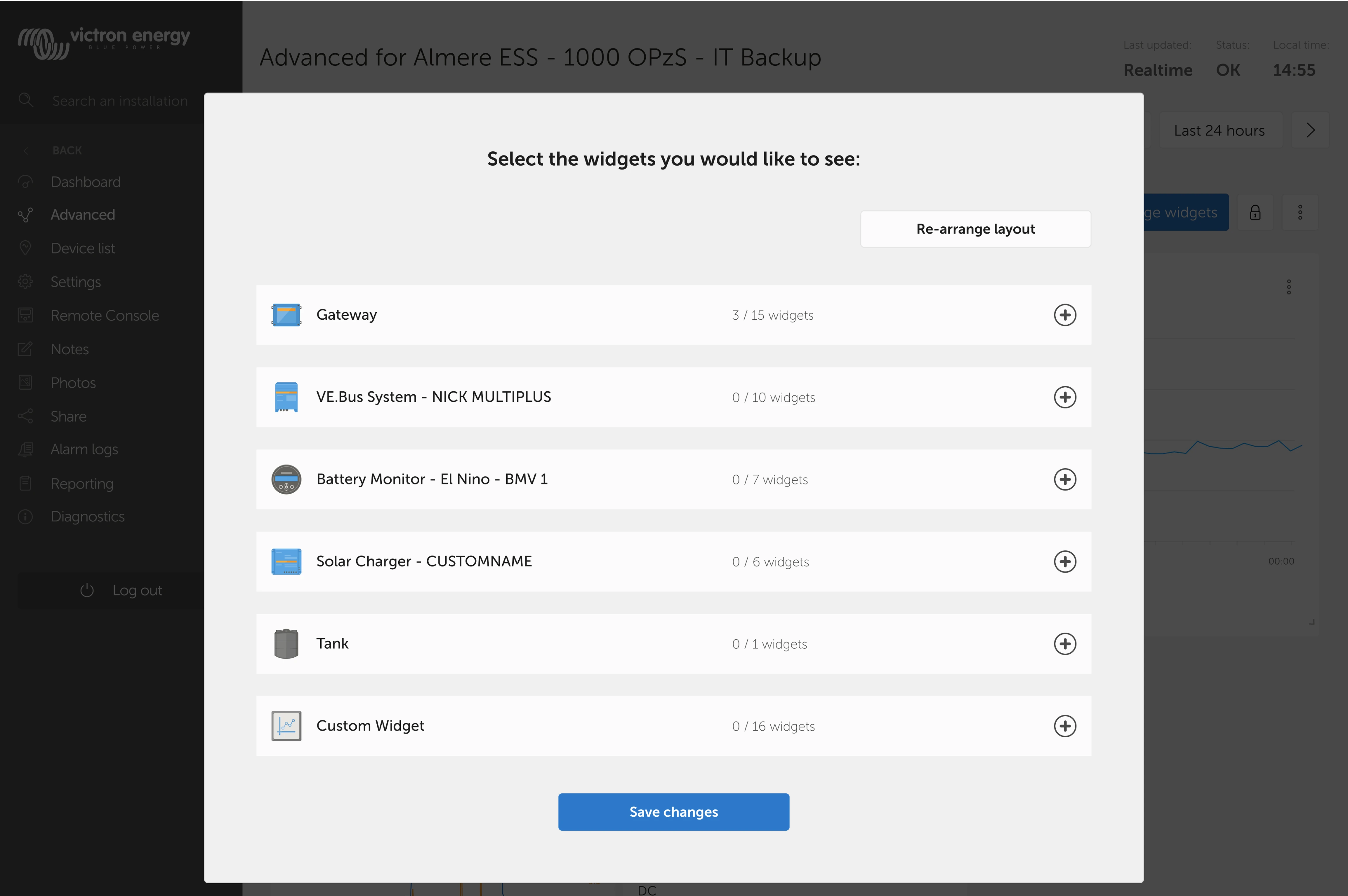 Hybrid widget setup flow combining simple selection with immediate layout adjustment