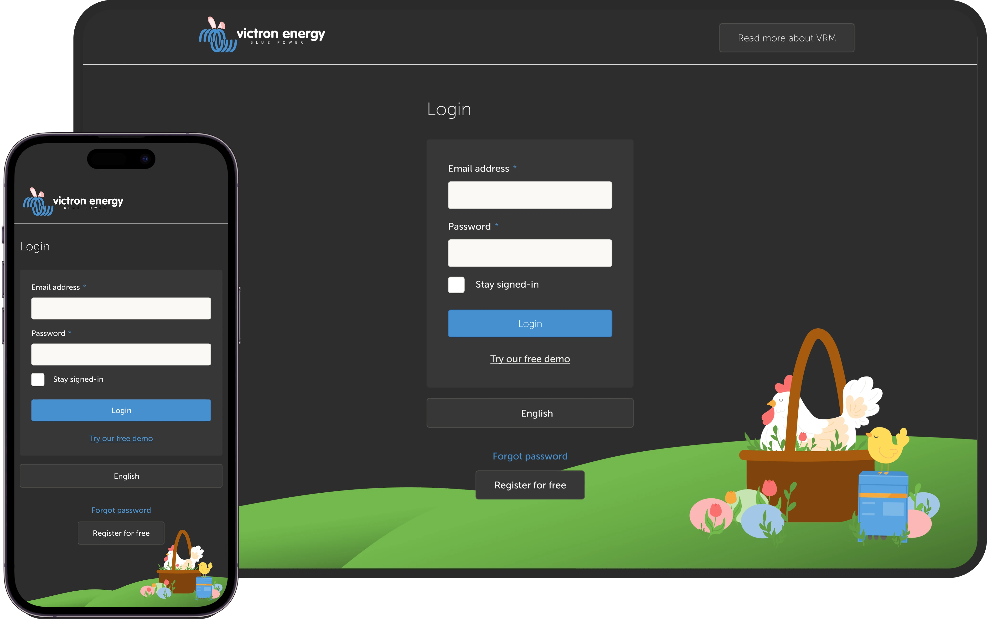 VRM portal login page in dark mode with Easter theme illustration