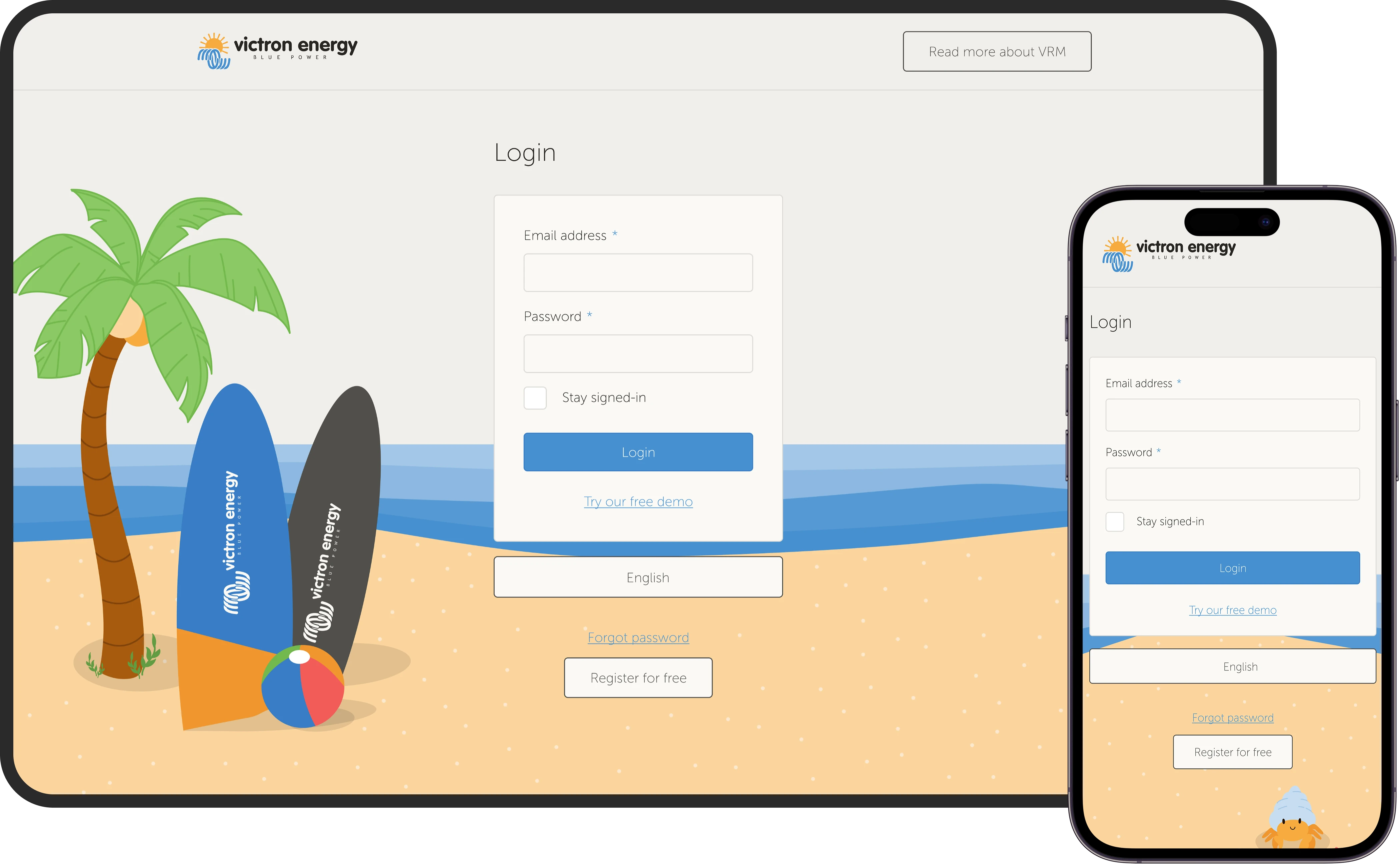 VRM portal login page in light mode with Summer theme illustration
