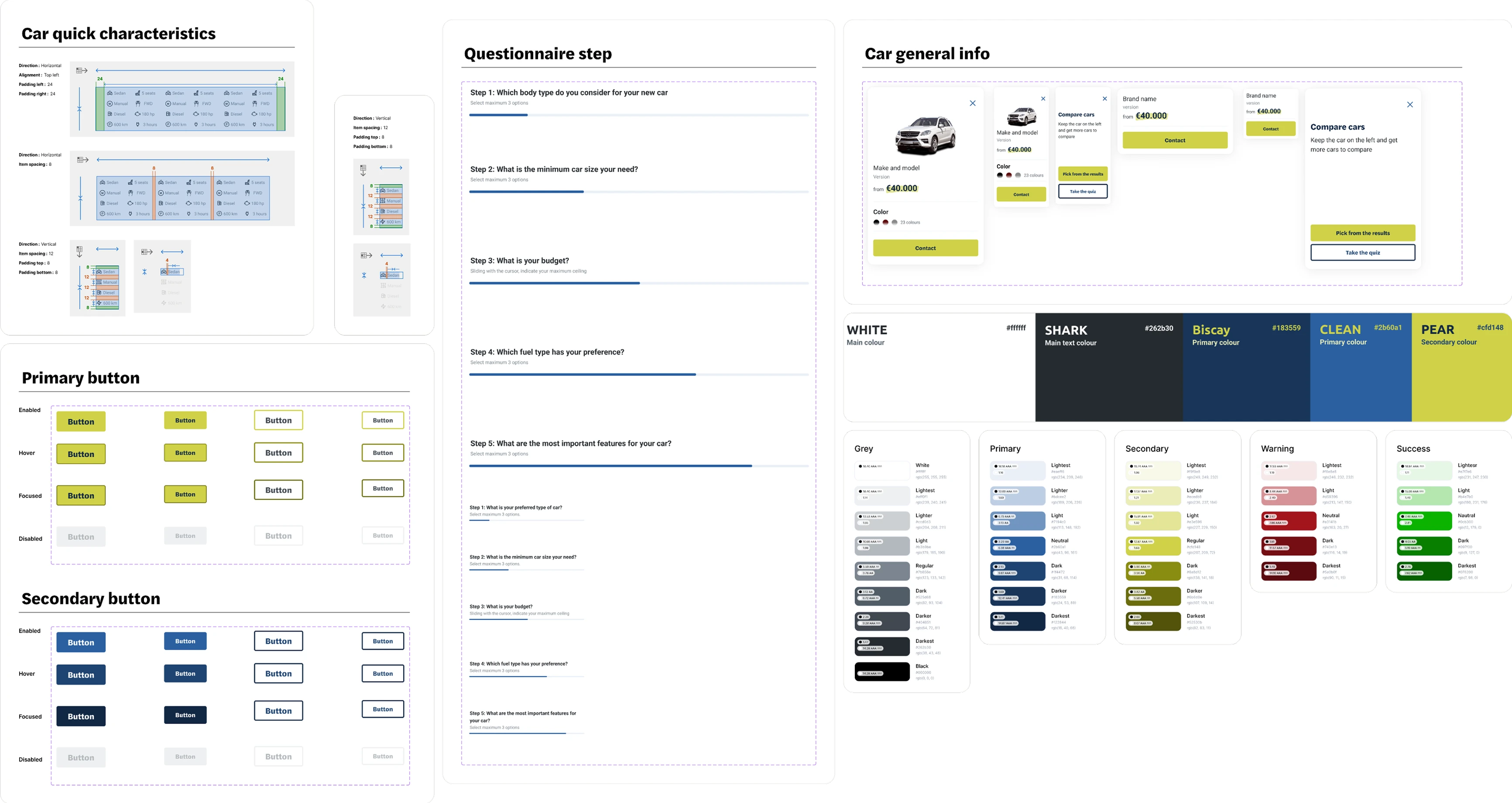Autoselectr style guide with annotated spacing, components, and typography for developer handoff