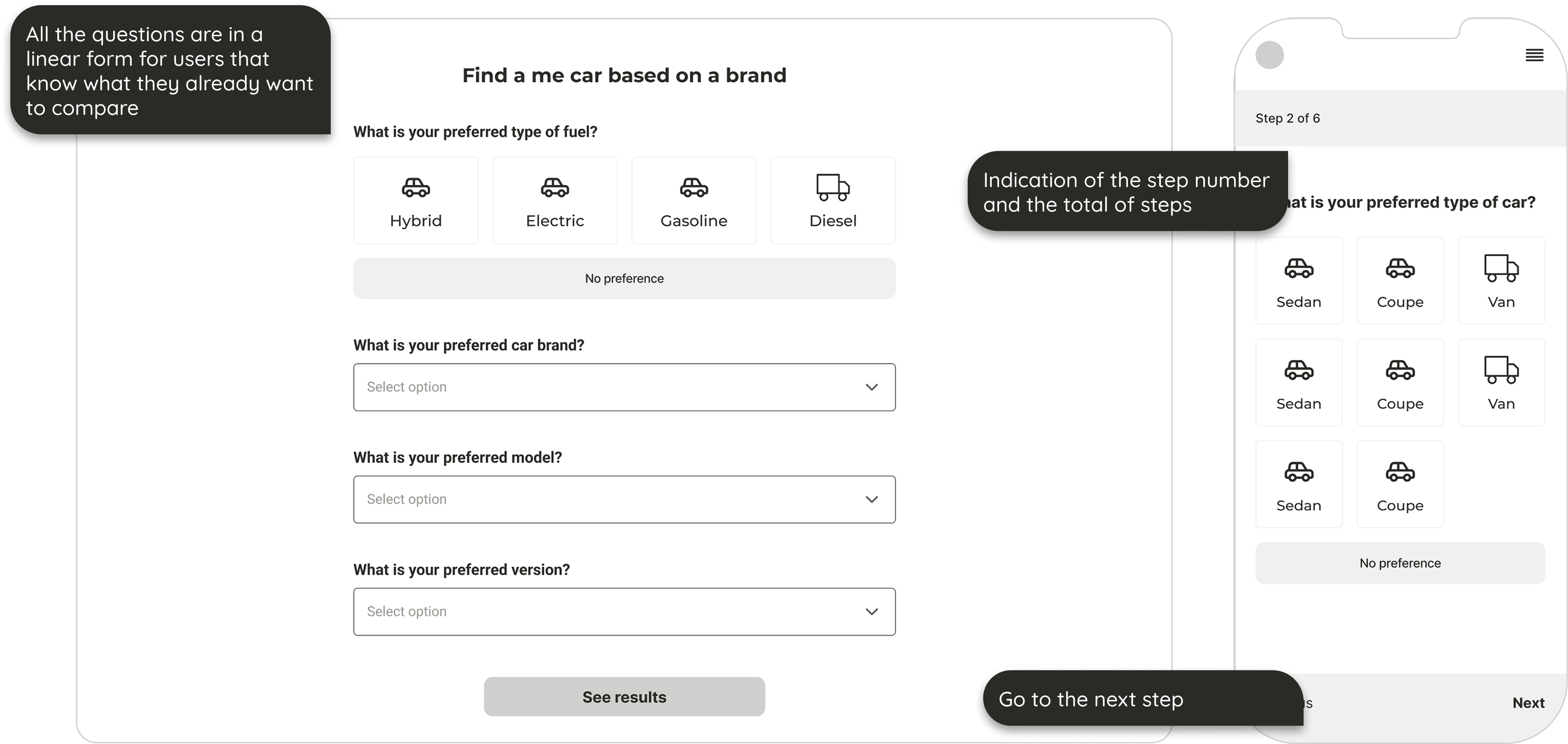 Wireframes of guided wizard form for beginners and linear expert form side by side