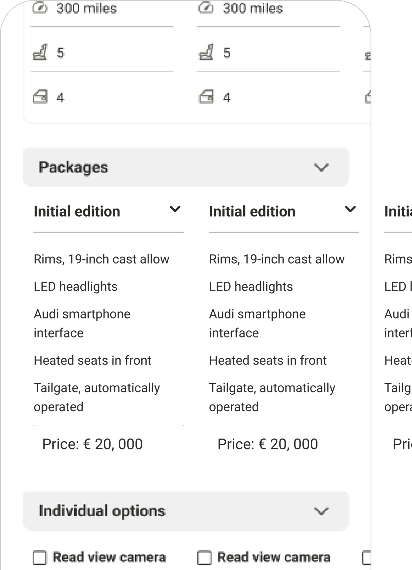 Car comparison page wireframe — three-car layout with horizontal scroll
