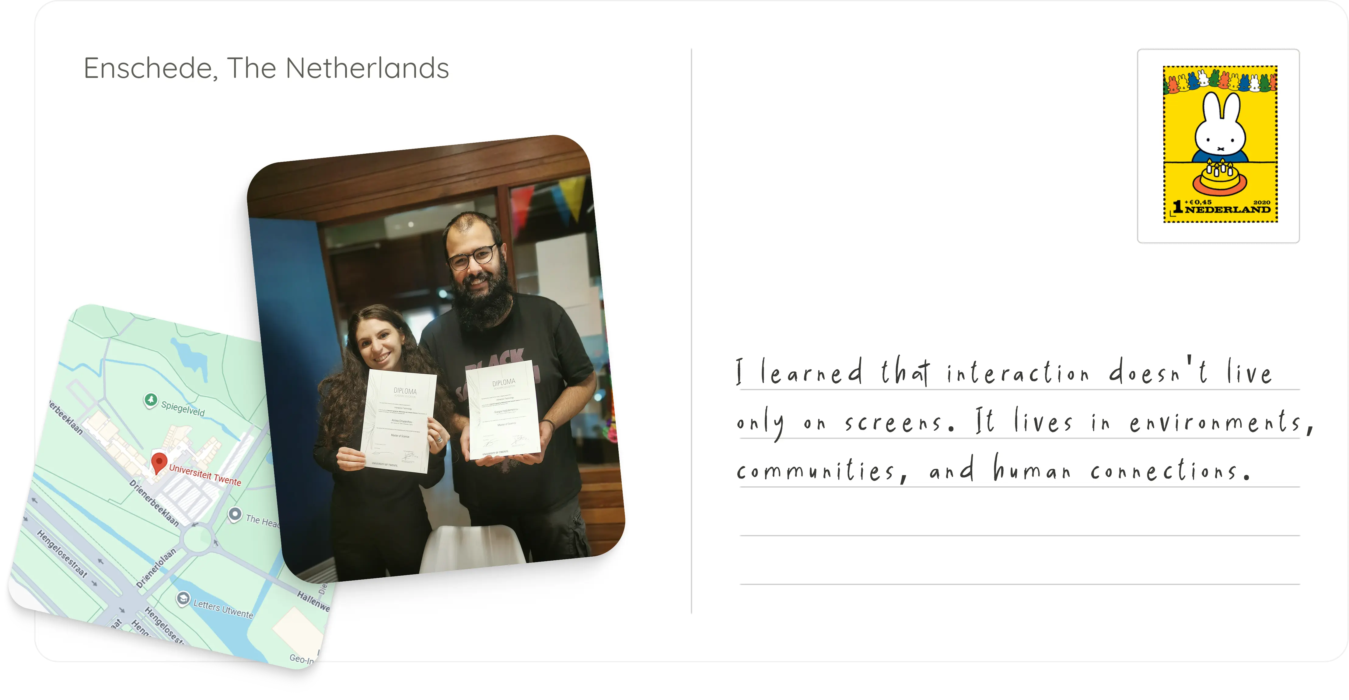 On the day of my Masters graduation, holding my diploma and smiling.